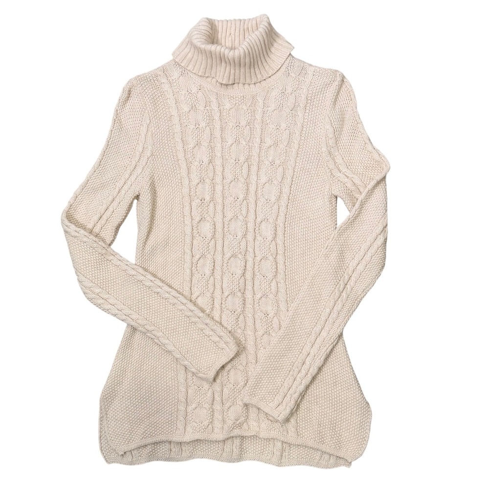 Neutral Cream Cable Knit Turtleneck Sweater (S) Fitted Stretch Winter Essential